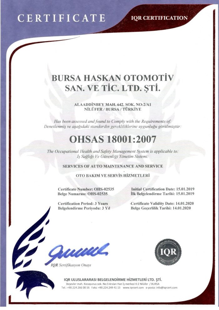OHSAS 18001:2007 İş Sağlığı ve Güvenliği Belgesi