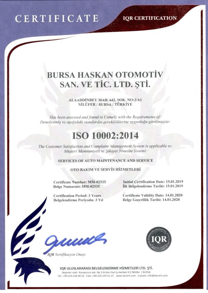ISO 10002:2014 Müşteri Memnuniyeti Belgesi