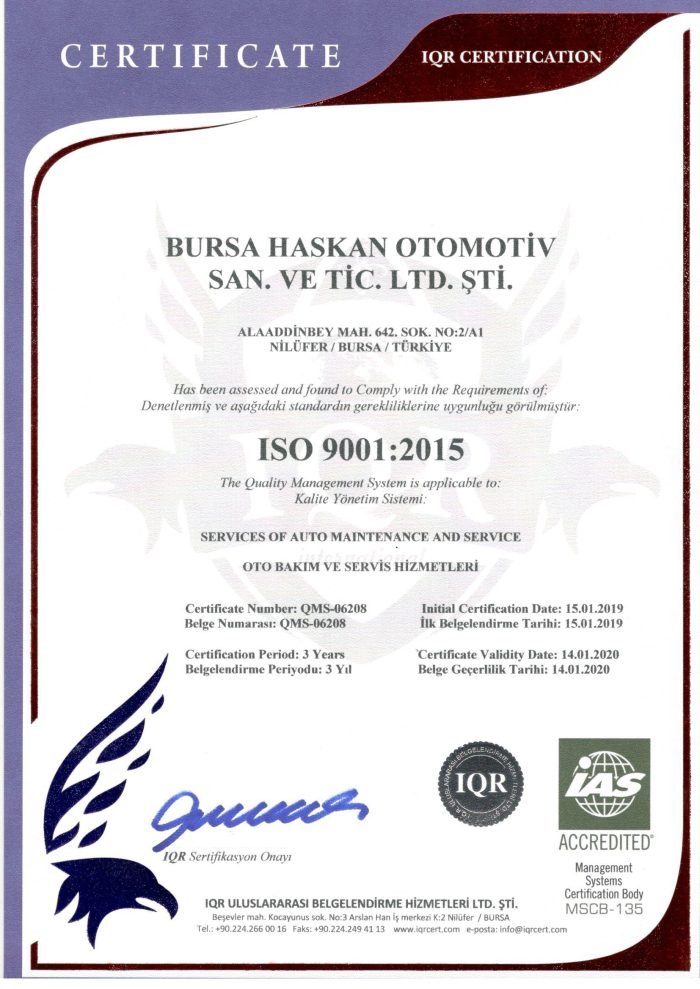 ISO 9001:2015 Kalite Yönetim Sistemi Belgesi
